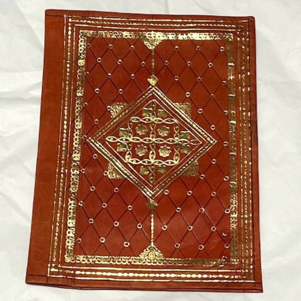 VTG Leather Book Notebook Cover Protector Gold Leaf Designs 7.25"x10"